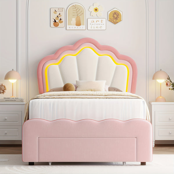 FULTRU Twin\u002FFull Size Led Bed Frame, Pink\u002F Blue Platform Bed With Large Drawer