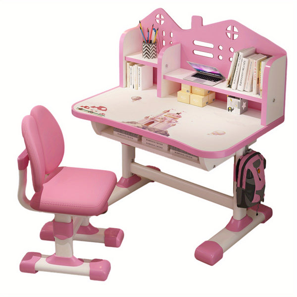 Multi Bookcase Wider Desktop Table and Chair Set Cartoon Pattern Adjustable Height Study Drawer Table with Chair