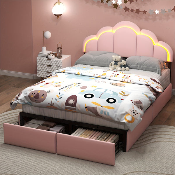 Twin\u002FFull Upholstered LED Bed Frame with Storage Drawer and Chic Double Wavy Headboard