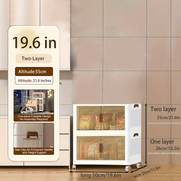 19.69inch Large Multi-Layer Storage Cabinet with Wheels & Doors - Heavy-Duty Plastic Organizer with Foldable Design