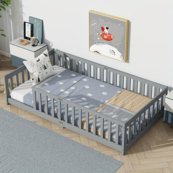 Twin Size Floor Bed with Safety Fence - Low-Profile Bed Frame, White & Wood Tone ( Brown)