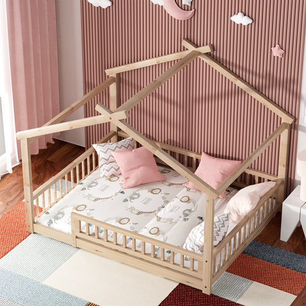 Full\u002FDouble Bed with Safety Rail, Wooden Cabin Bed for Bedroom Playroom, Easy to Assemble