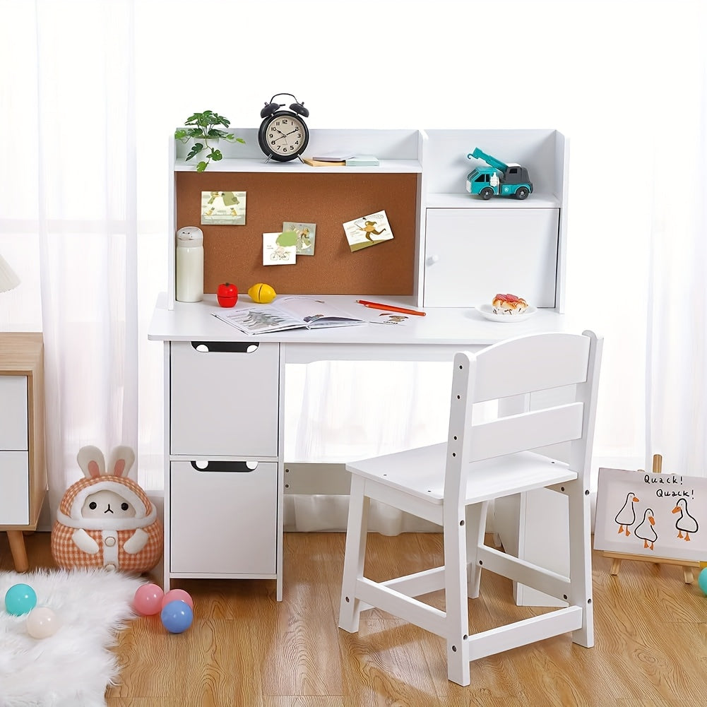 Kids Study Desk and Chair Set with Storage - White Learning Table with Bookshelf, Cabinets & Adjustable Chair