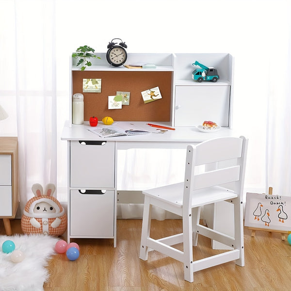 Kids Study Desk and Chair Set with Storage - White Learning Table with Bookshelf, Cabinets & Adjustable Chair