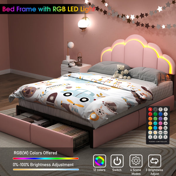 Twin\u002FFull Upholstered LED Bed Frame with Storage Drawer and Chic Double Wavy Headboard