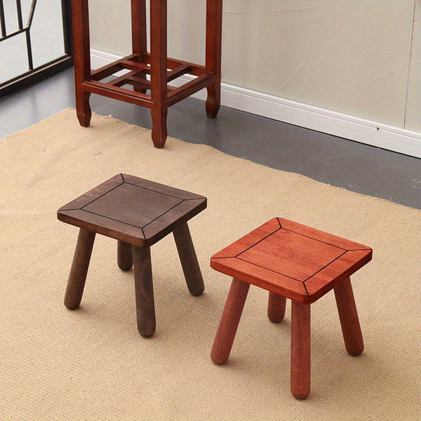 1pc Rubberwood Square Footstool - Solid Wood Compact Stool for Home & Office, Red\u002FBlack