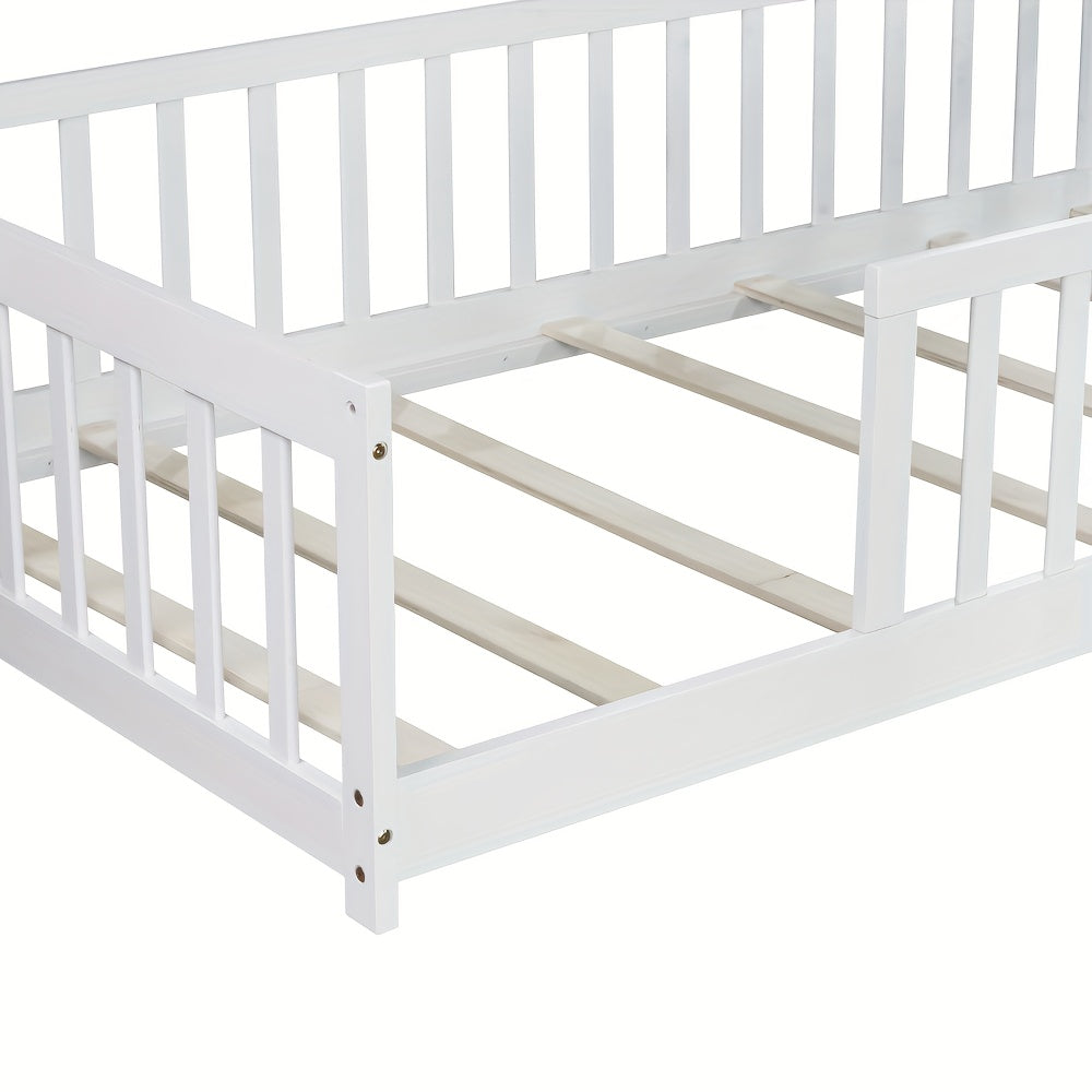 Twin Size Floor Bed with Safety Fence - Low-Profile Bed Frame, White & Wood Tone ( Brown)