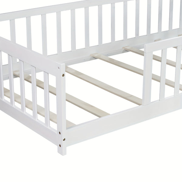 Twin Size Floor Bed with Safety Fence - Low-Profile Bed Frame, White & Wood Tone ( Brown)