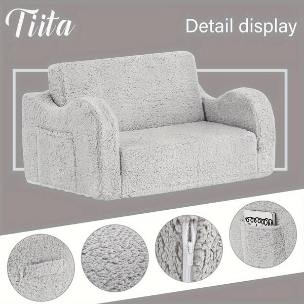 Tiita Kids Sofa Chair, 2 In 1 Toddler Fold Out Couch, Comfy Kids Sofa For Playroom-Extra Soft 2 Seats