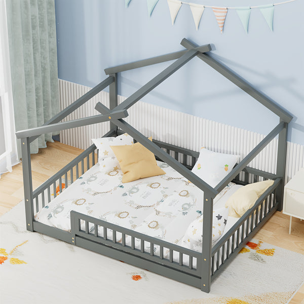 Full\u002FDouble Bed with Safety Rail, Wooden Cabin Bed for Bedroom Playroom, Easy to Assemble