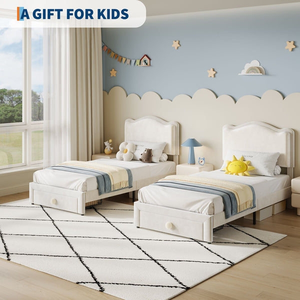 GAOMON Twin Girls Bed Frame with 2 Storage Drawers & Wavy Headboard - Beige Princess Upholstered Platform Bed