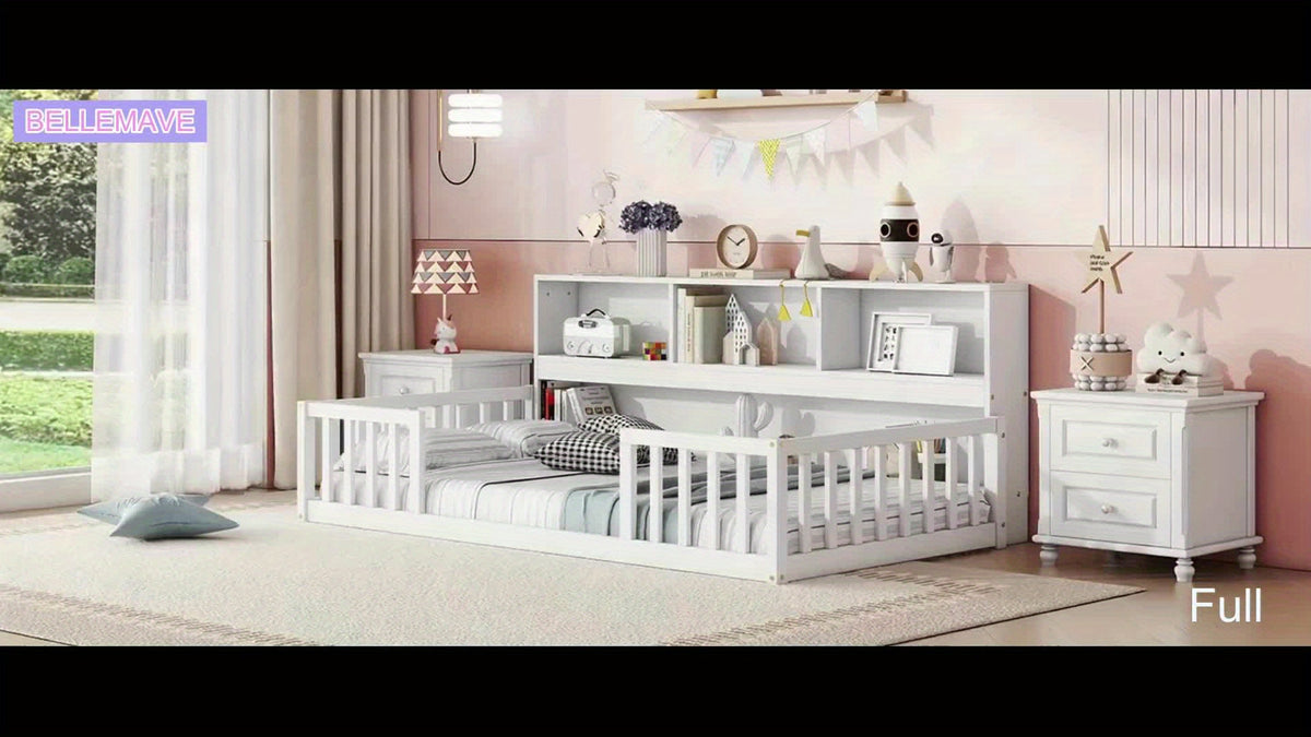 Bellemave Full Size Floor Bed with Bookcase & Shelves - Low-Profile Kids Bed with Safety Guardrails