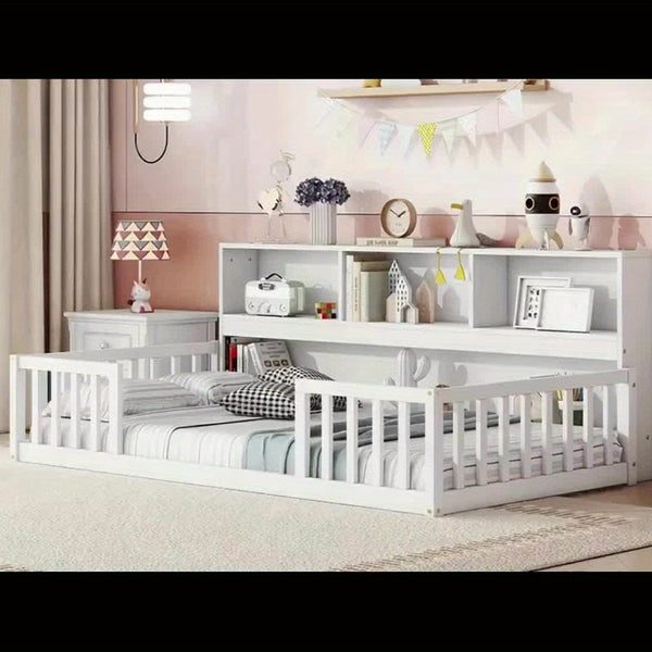 Bellemave Full Size Floor Bed with Bookcase & Shelves - Low-Profile Kids Bed with Safety Guardrails