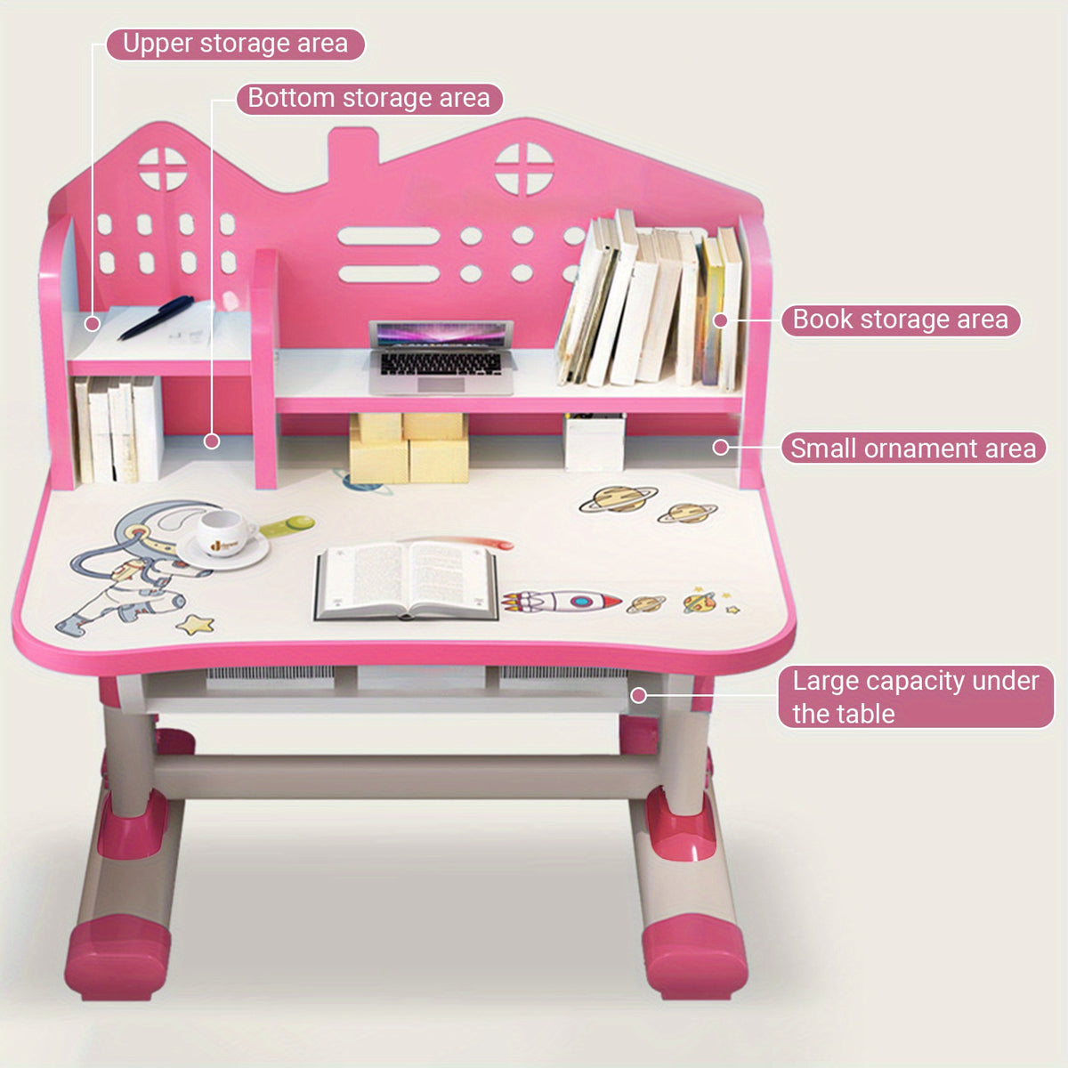 Multi Bookcase Wider Desktop Table and Chair Set Cartoon Pattern Adjustable Height Study Drawer Table with Chair