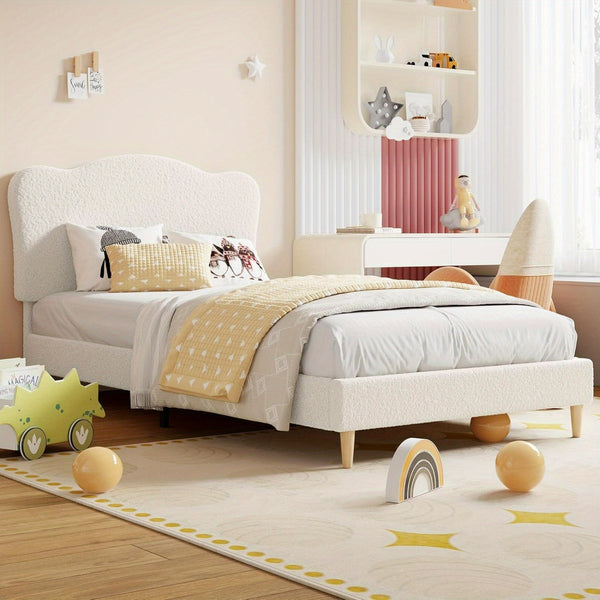 Twin Bed Frame for Youngest Cuties Littles Adult, Platform Bed Frame with Boucle Headboard