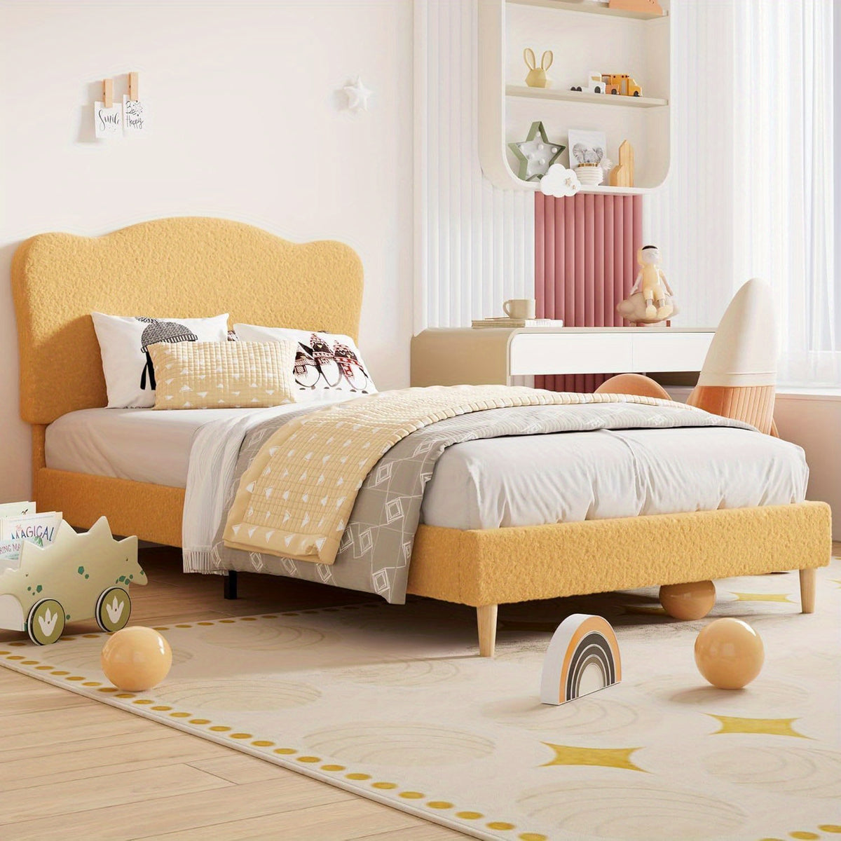 Twin Bed Frame for Youngest Cuties Littles Adult, Platform Bed Frame with Boucle Headboard
