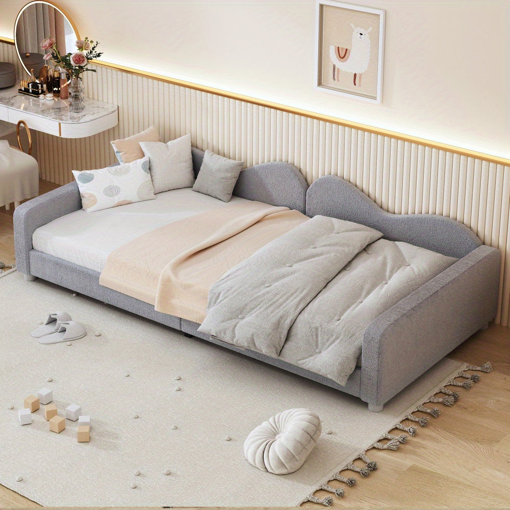 Twin size Upholstered Daybed, Sherpa Fabric Sofabed with Cloud-Shaped Backrest, No Box-spring Needed, White