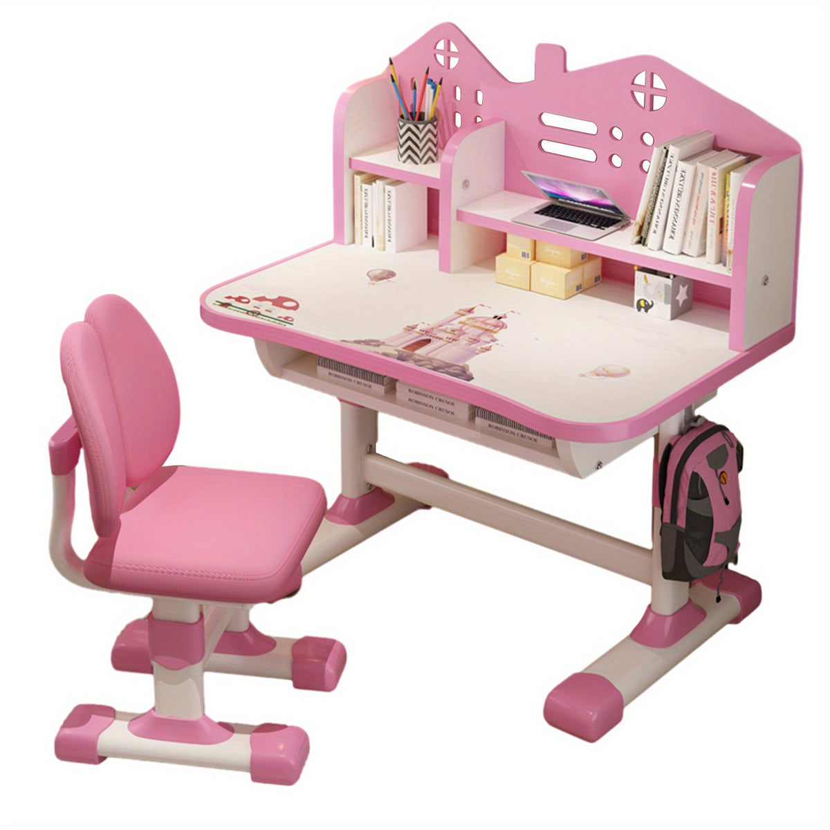 Multi Bookcase Wider Desktop Table and Chair Set Cartoon Pattern Adjustable Height Study Drawer Table with Chair
