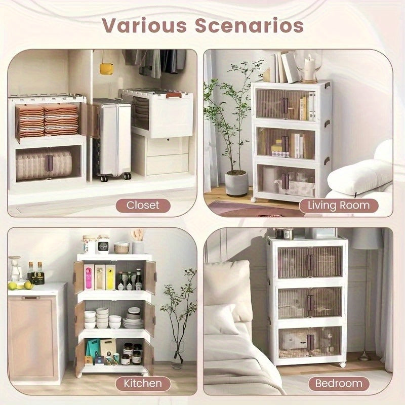 Collapsible Storage Cabinet 2\u002F4 Tiers, Large Double-Opening Storage Multi-Functional Organizer with Lid and Wheels