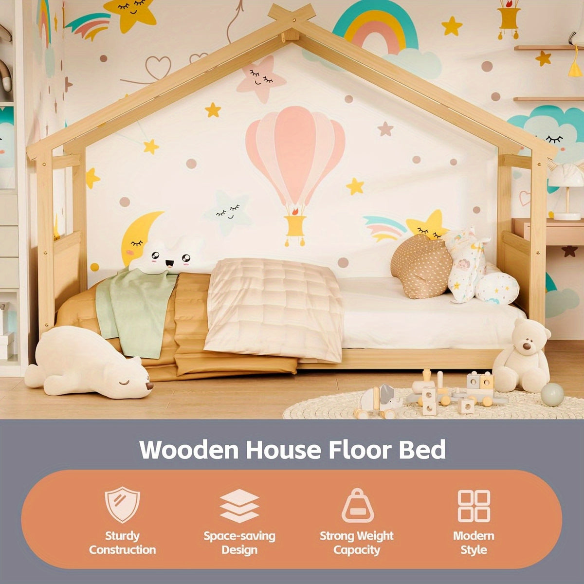 Twin Floor House Bed Frame with Headboard & Footboard - Sturdy Hardwood Construction, Space-Saving Floor Bed for Toddlers
