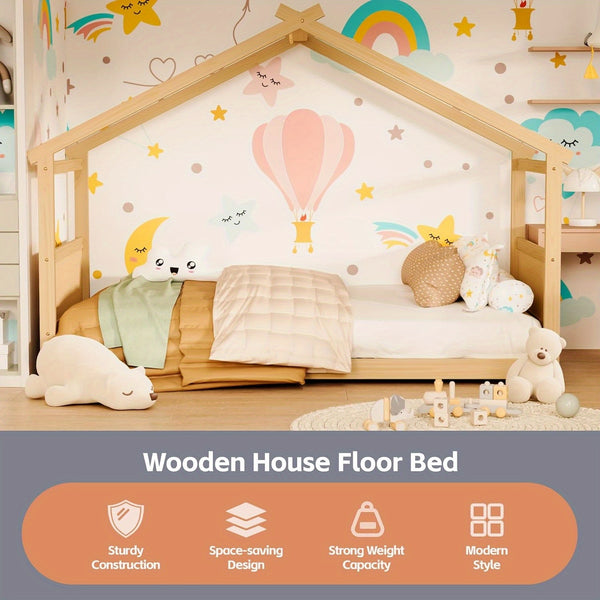 Twin Floor House Bed Frame with Headboard & Footboard - Sturdy Hardwood Construction, Space-Saving Floor Bed for Toddlers