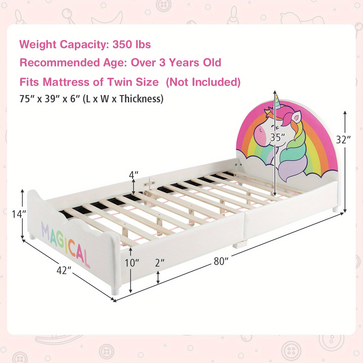 MULTIGOT Kids Bed, Children Twin Size Upholstered Platform Single Bed