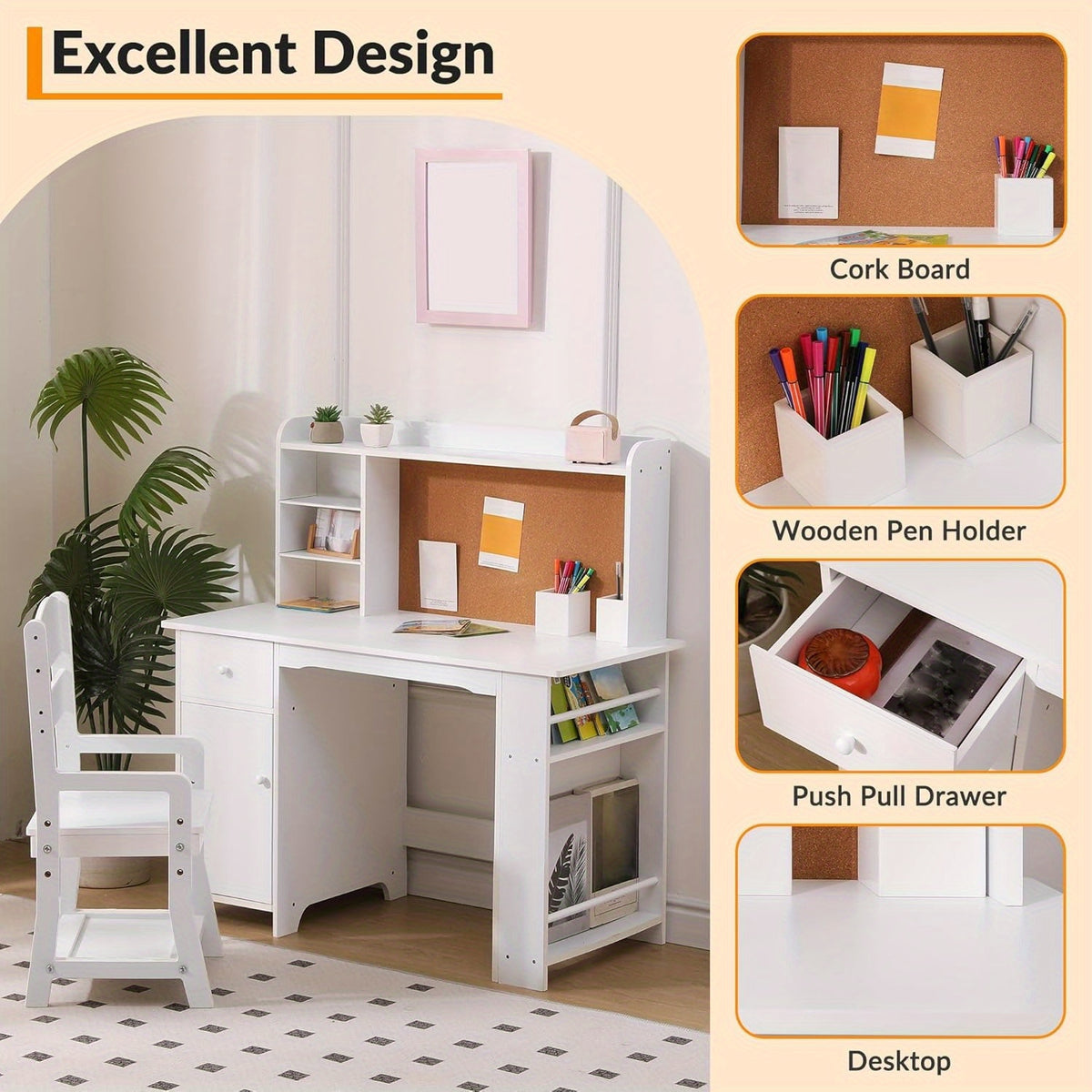 MERXENG Kids Study Desk and Chair Set - White Retro Style with Bookshelf, Bulletin Board, Cabinets & Drawer