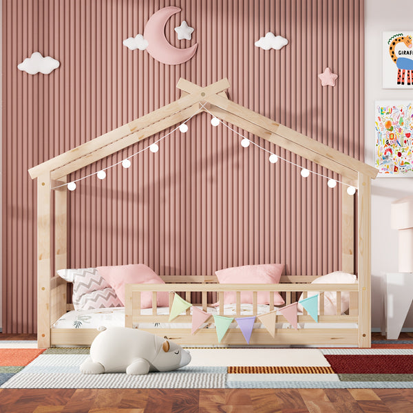 Full\u002FDouble Bed with Safety Rail, Wooden Cabin Bed for Bedroom Playroom, Easy to Assemble