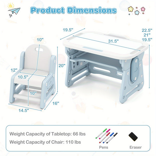 COSTWAY Kids Table and Chair Set with Adjustable Height & Tiltable Whiteboard - Blue Plastic Toddler Learning Table