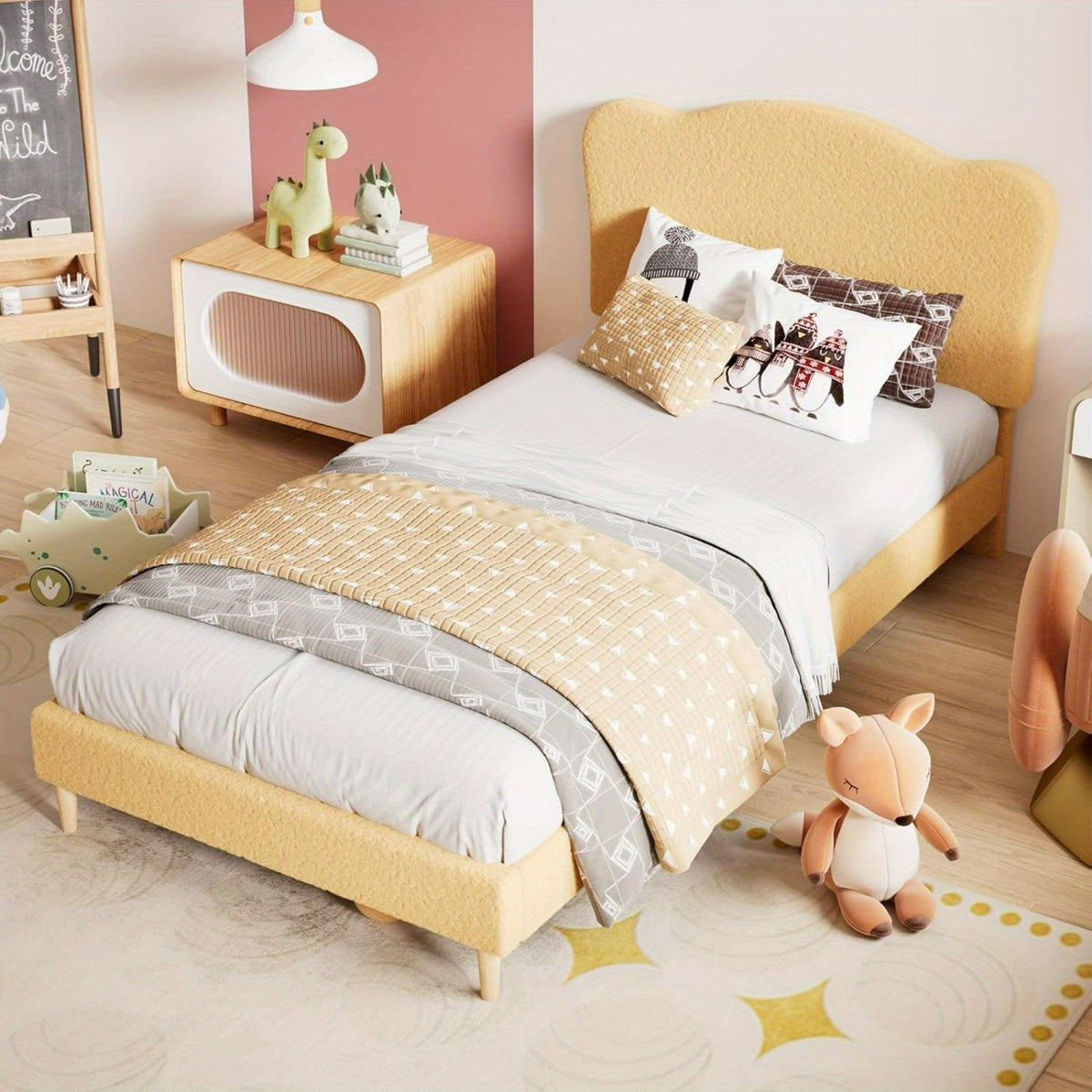 Twin Bed Frame for Youngest Cuties Littles Adult, Platform Bed Frame with Boucle Headboard