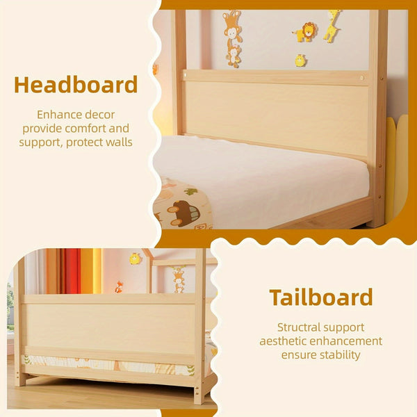 Twin Floor House Bed Frame with Headboard & Footboard - Sturdy Hardwood Construction, Space-Saving Floor Bed for Toddlers