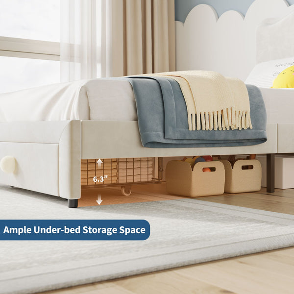 GAOMON Twin Girls Bed Frame with 2 Storage Drawers & Wavy Headboard - Beige Princess Upholstered Platform Bed