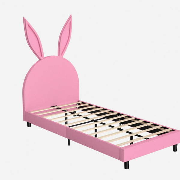 Twin Size Bed Frame with Upholstered Bunny Ears Headboard Wooden Slats Support No Boxing Spring Needed