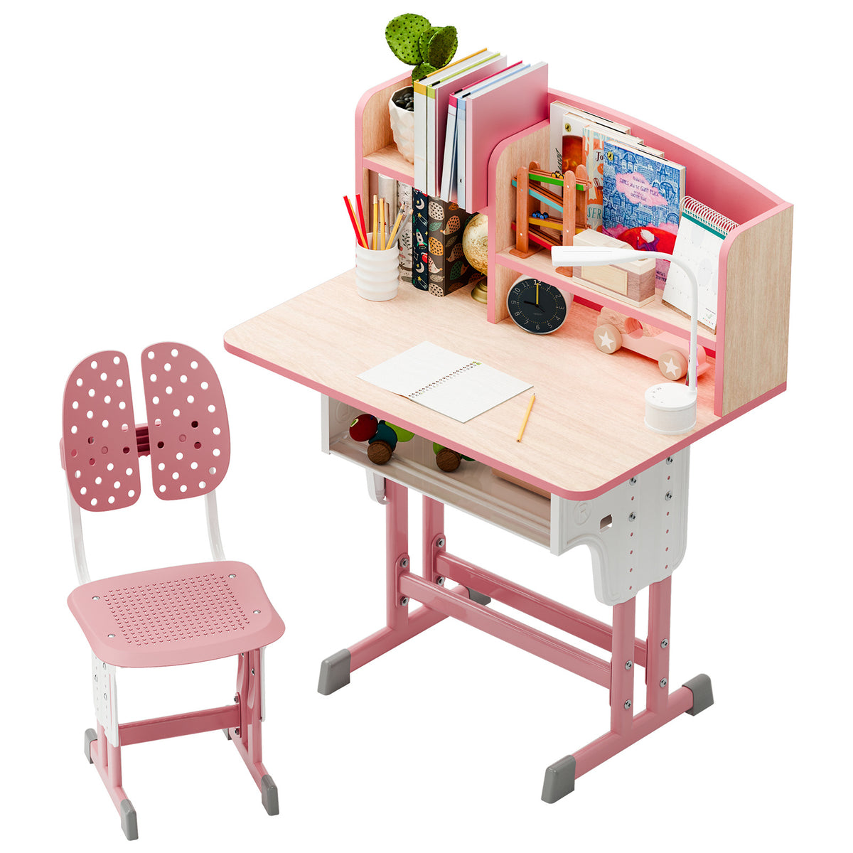 2Pcs\u002FSet Desk Chair Set, Adjustable Height School Leaning Table Chair Set with Drawer Design