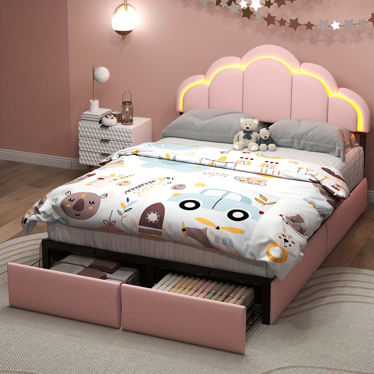 Twin\u002FFull Upholstered LED Bed Frame with Storage Drawer and Chic Double Wavy Headboard