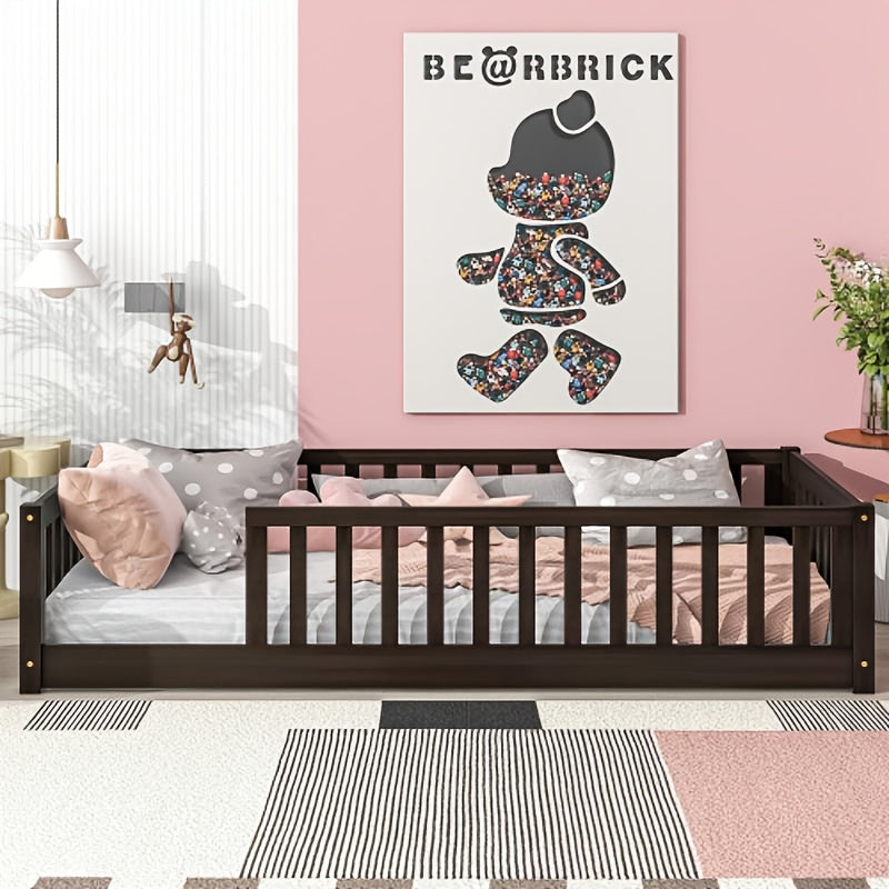 Twin Size Floor Bed with Safety Fence - Low-Profile Bed Frame, White & Wood Tone ( Brown)