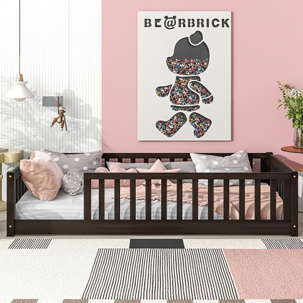Twin Size Floor Bed with Safety Fence - Low-Profile Bed Frame, White & Wood Tone ( Brown)