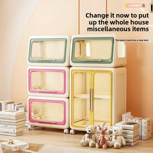 1-Pack Multifunctional Rolling Storage Cabinet with Wheels, Stackable Plastic Organizer with Transparent Doors & Pastel Colors