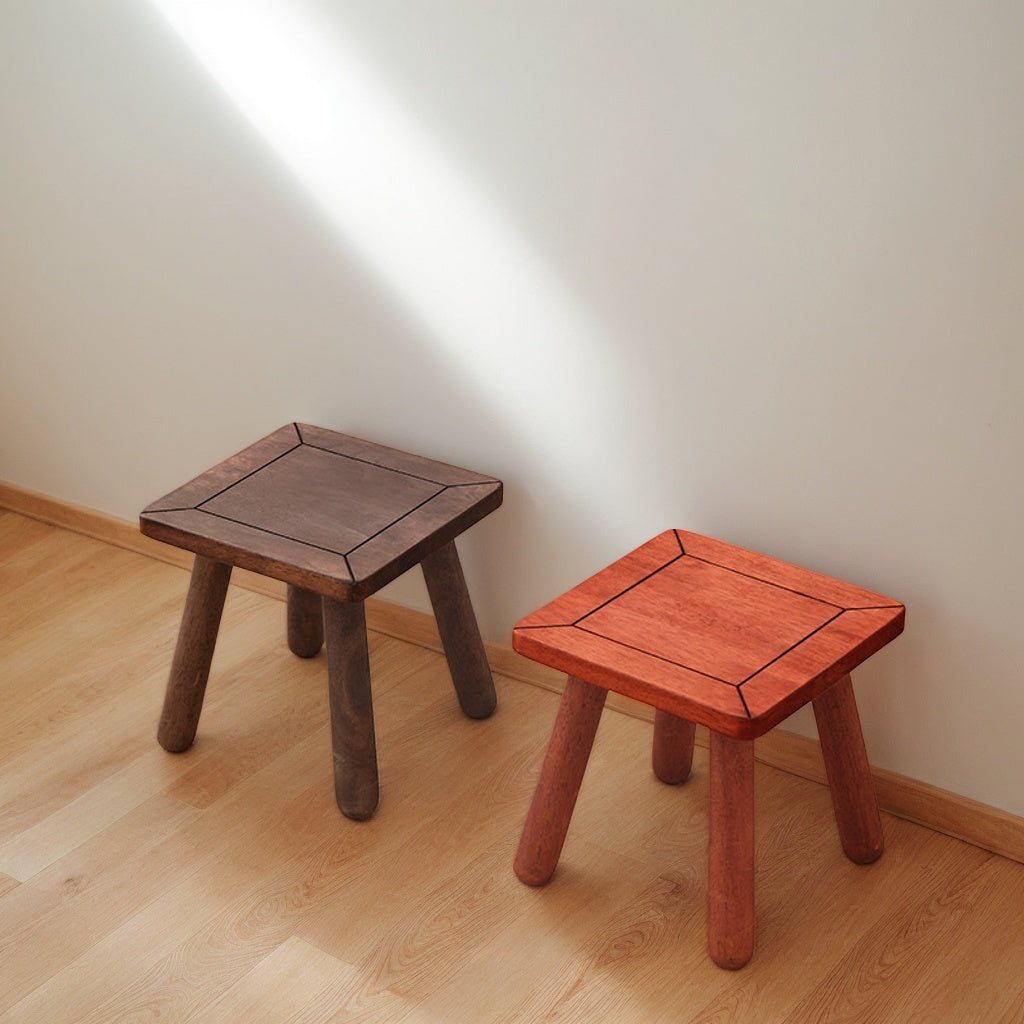 1pc Rubberwood Square Footstool - Solid Wood Compact Stool for Home & Office, Red\u002FBlack