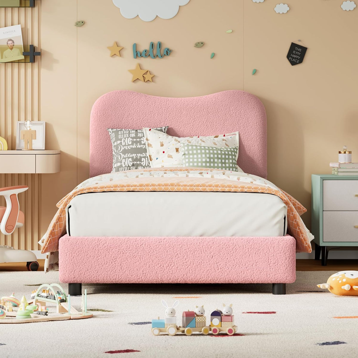 GAOMON Twin Bed Frame with Velvet Upholstered Headboard - Low Profile Platform Bed for Girls & Boys