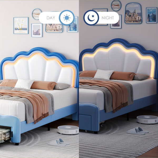 FULTRU Twin\u002FFull Size Led Bed Frame, Pink\u002F Blue Platform Bed With Large Drawer