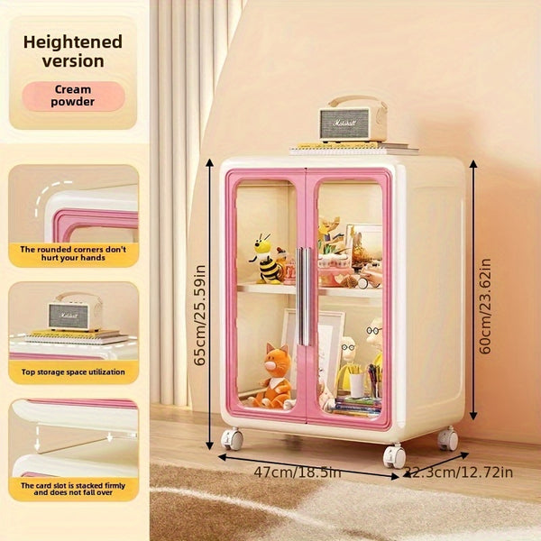1-Pack Multifunctional Rolling Storage Cabinet with Wheels, Stackable Plastic Organizer with Transparent Doors & Pastel Colors