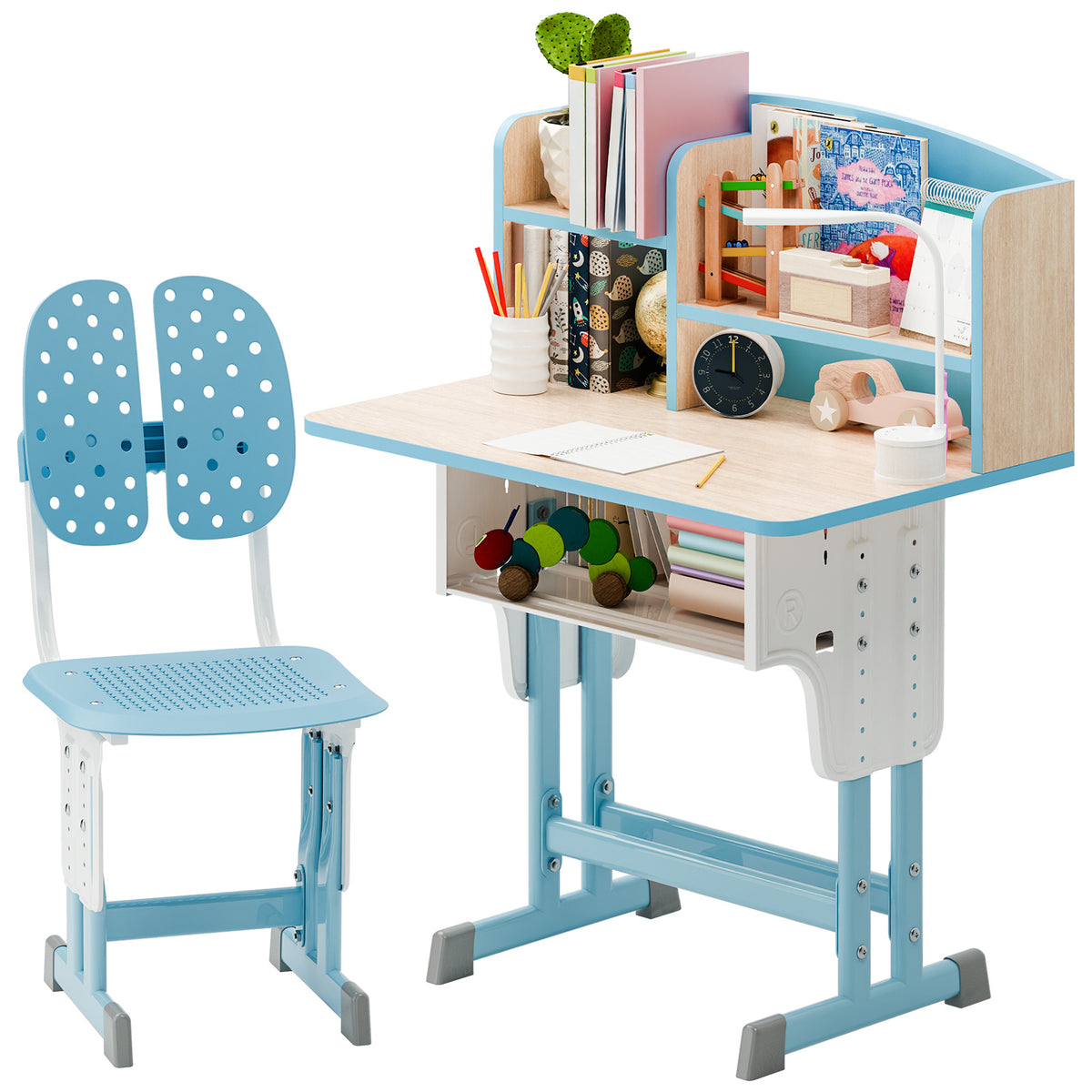 2Pcs\u002FSet Desk Chair Set, Adjustable Height School Leaning Table Chair Set with Drawer Design