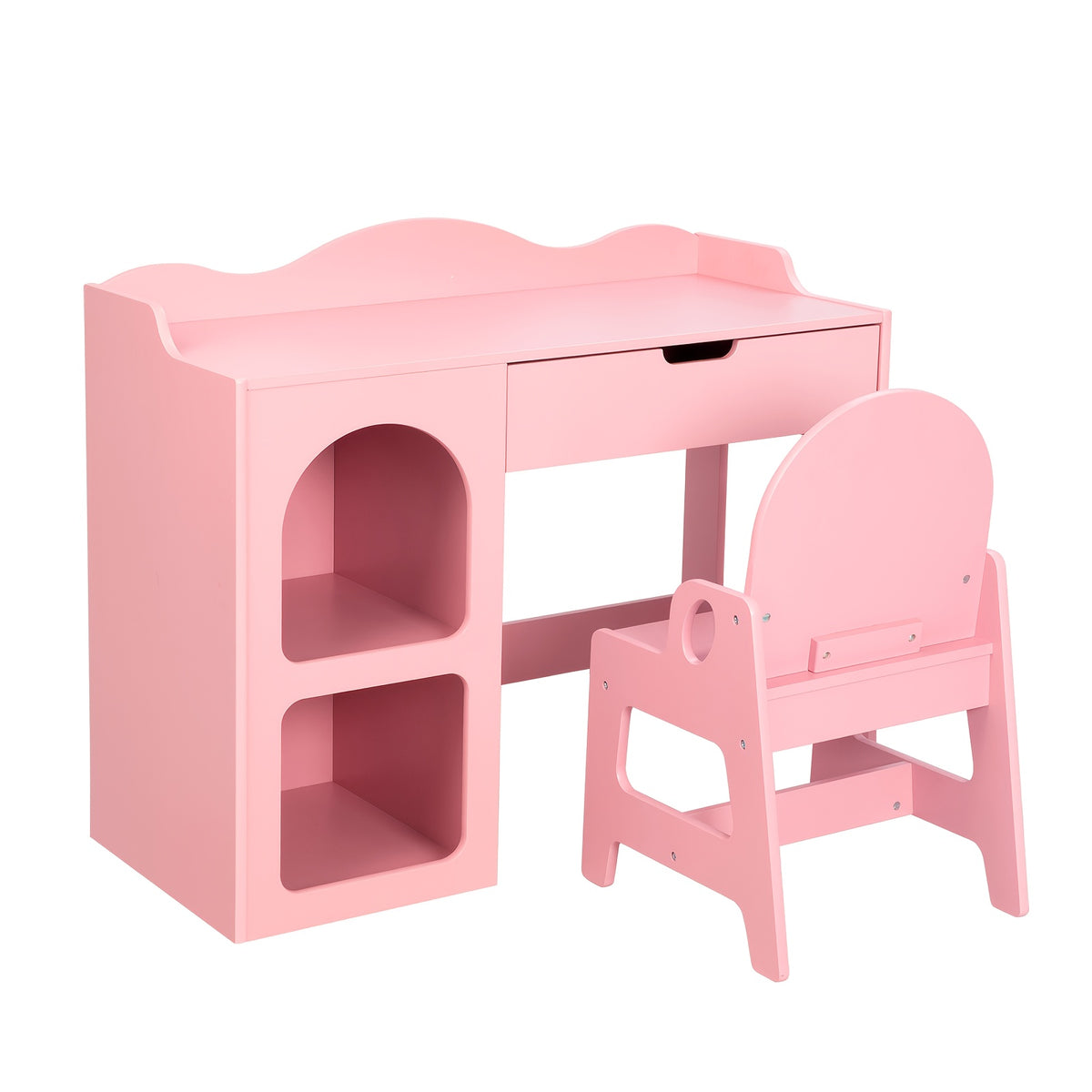 Pink Girls' Modern Study Table and Chair Set with Storage Shelf - Sturdy Hardwood Construction