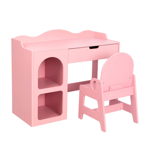 Pink Girls' Modern Study Table and Chair Set with Storage Shelf - Sturdy Hardwood Construction