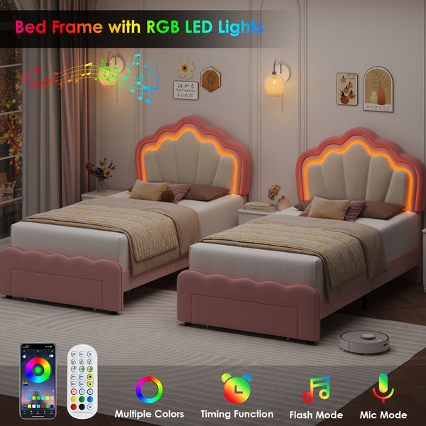 FULTRU Twin\u002FFull Size Led Bed Frame, Pink\u002F Blue Platform Bed With Large Drawer