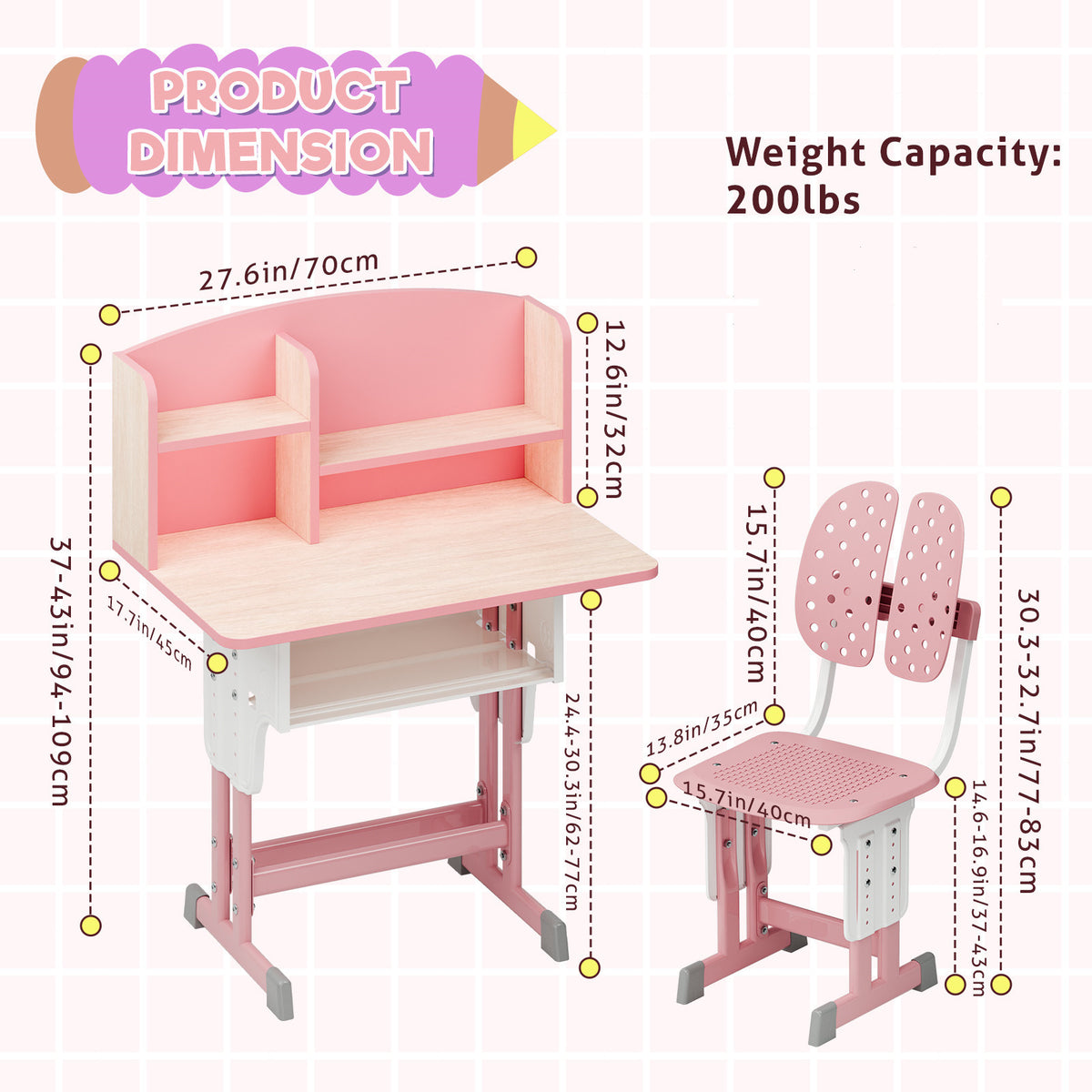 2Pcs\u002FSet Desk Chair Set, Adjustable Height School Leaning Table Chair Set with Drawer Design