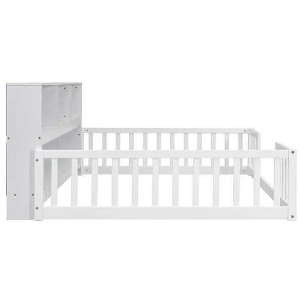 Bellemave Full Size Floor Bed with Bookcase & Shelves - Low-Profile Kids Bed with Safety Guardrails