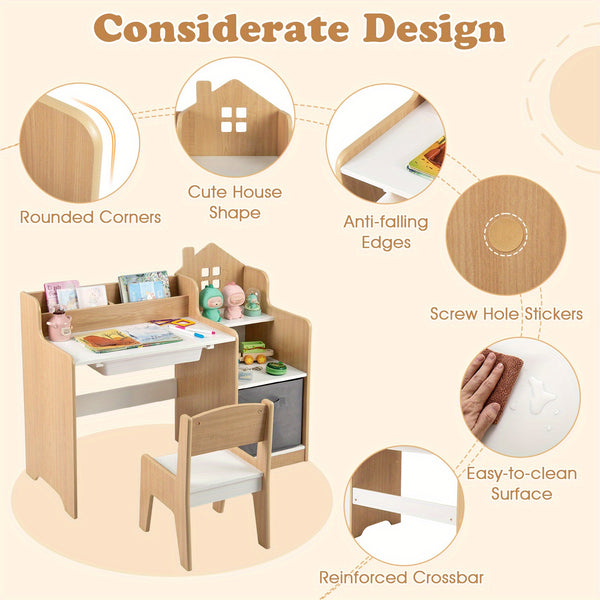 COSTWAY Kids Study Desk and Chair Set, Children Study Table w\u002F Open Shelves