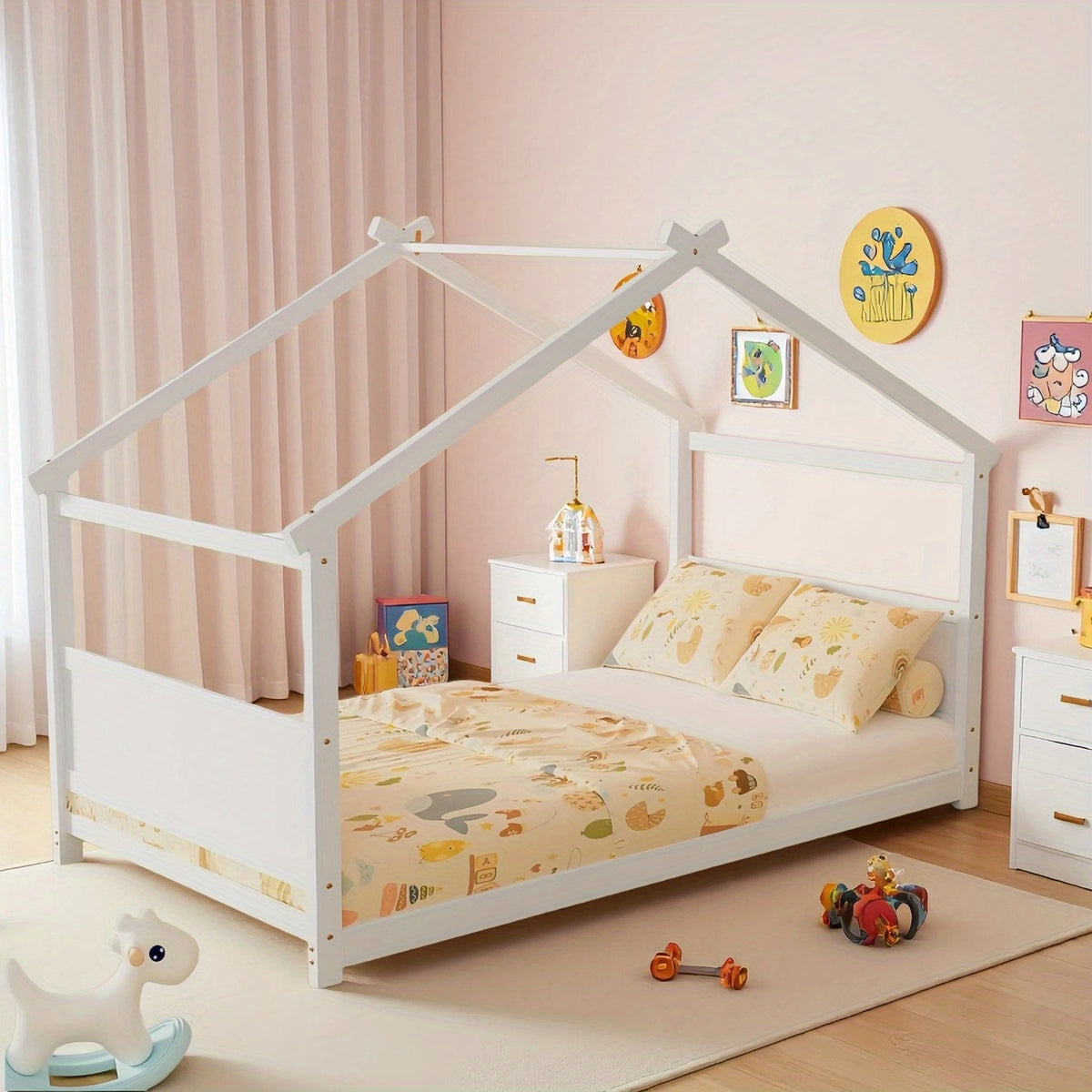 Twin Floor House Bed Frame with Headboard & Footboard - Sturdy Hardwood Construction, Space-Saving Floor Bed for Toddlers